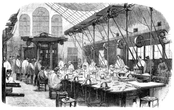 Illustration of silverworkers in factory
